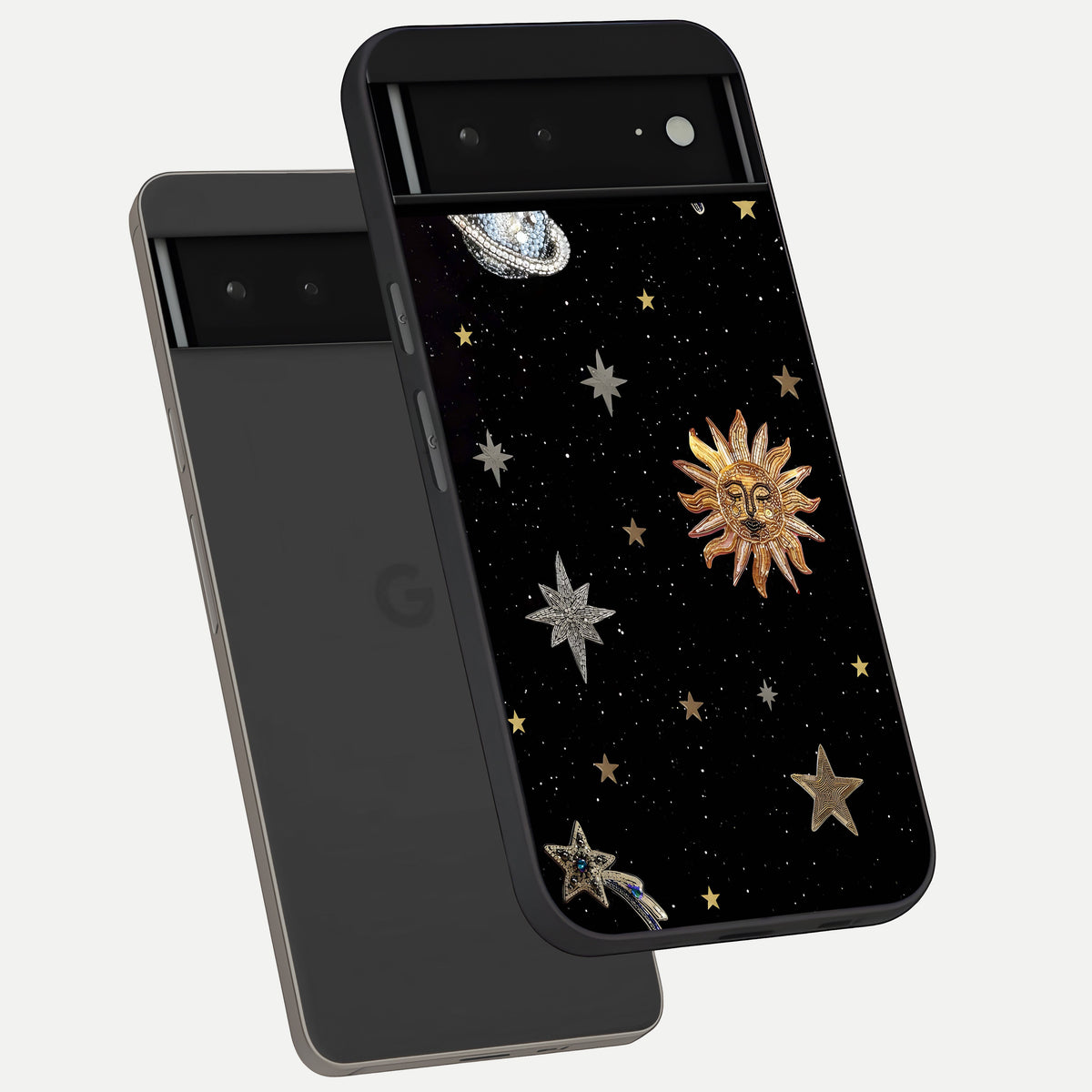  Celestial Moon With Stars phone case For Google Pixel 6A showing premium glass back cover with detailed artwork