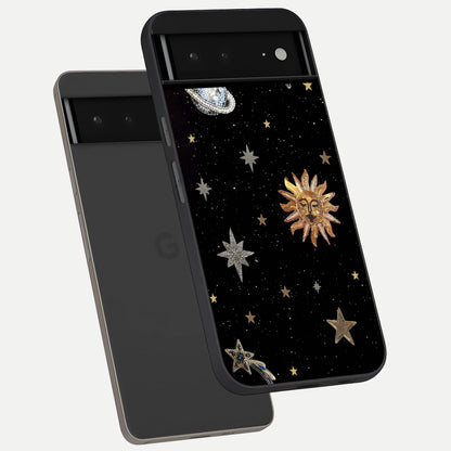  Celestial Moon With Stars phone case For Google Pixel 6A showing premium glass back cover with detailed artwork