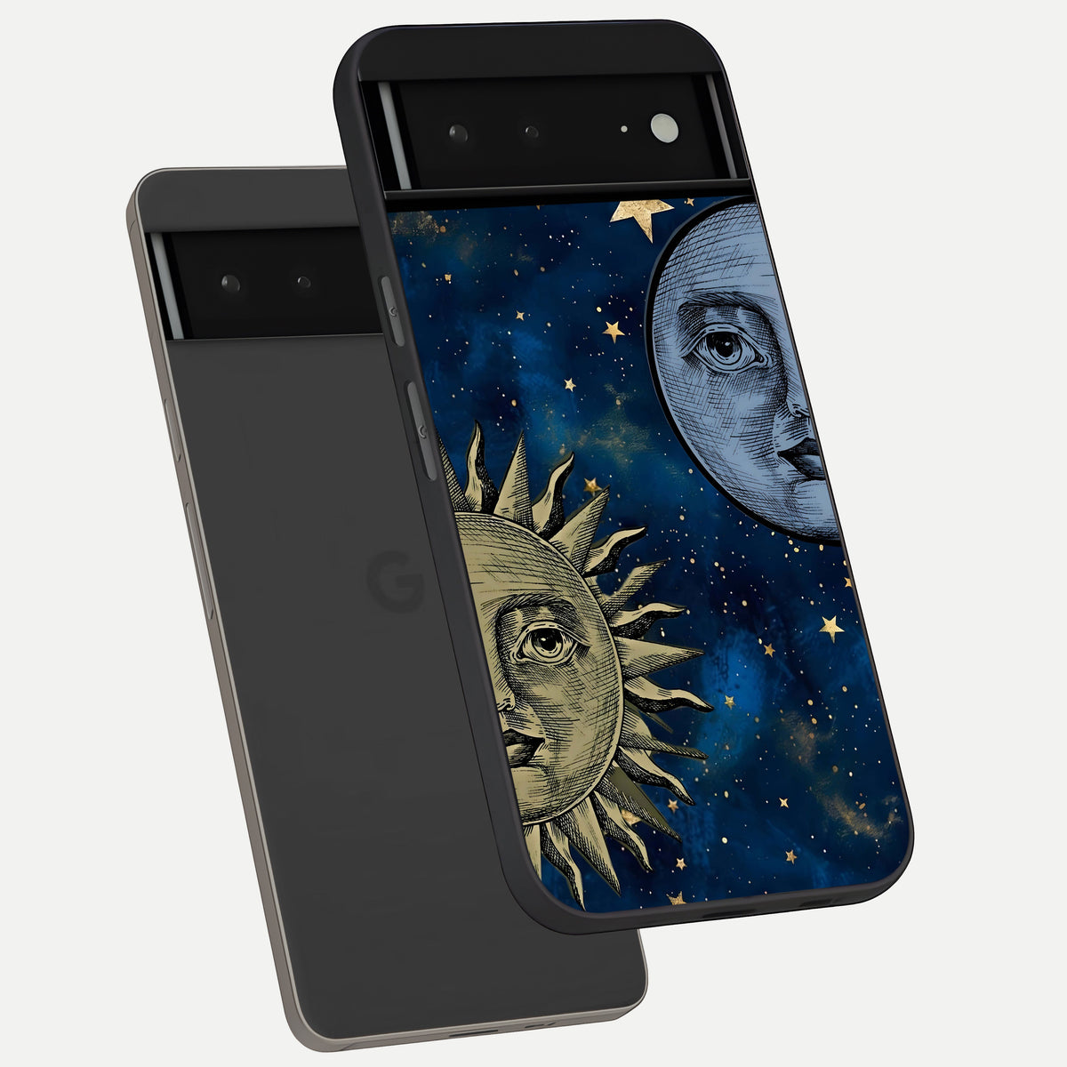  Celestial Moon With Sun phone case For Google Pixel 6A showing premium glass back cover with detailed artwork
