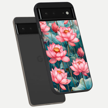  Celestial Pink Lotus phone case For Google Pixel 6A showing premium glass back cover with detailed artwork
