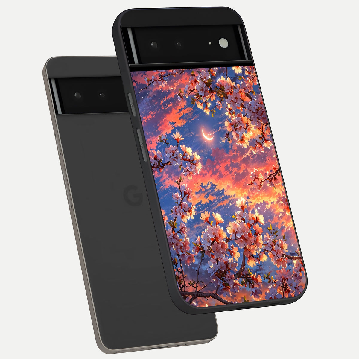  Celestial Sakura Sunset phone case For Google Pixel 6A showing premium glass back cover with detailed artwork