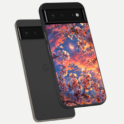  Celestial Sakura Sunset phone case For Google Pixel 6A showing premium glass back cover with detailed artwork
