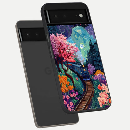  Celestial Train Journey phone case For Google Pixel 6A showing premium glass back cover with detailed artwork