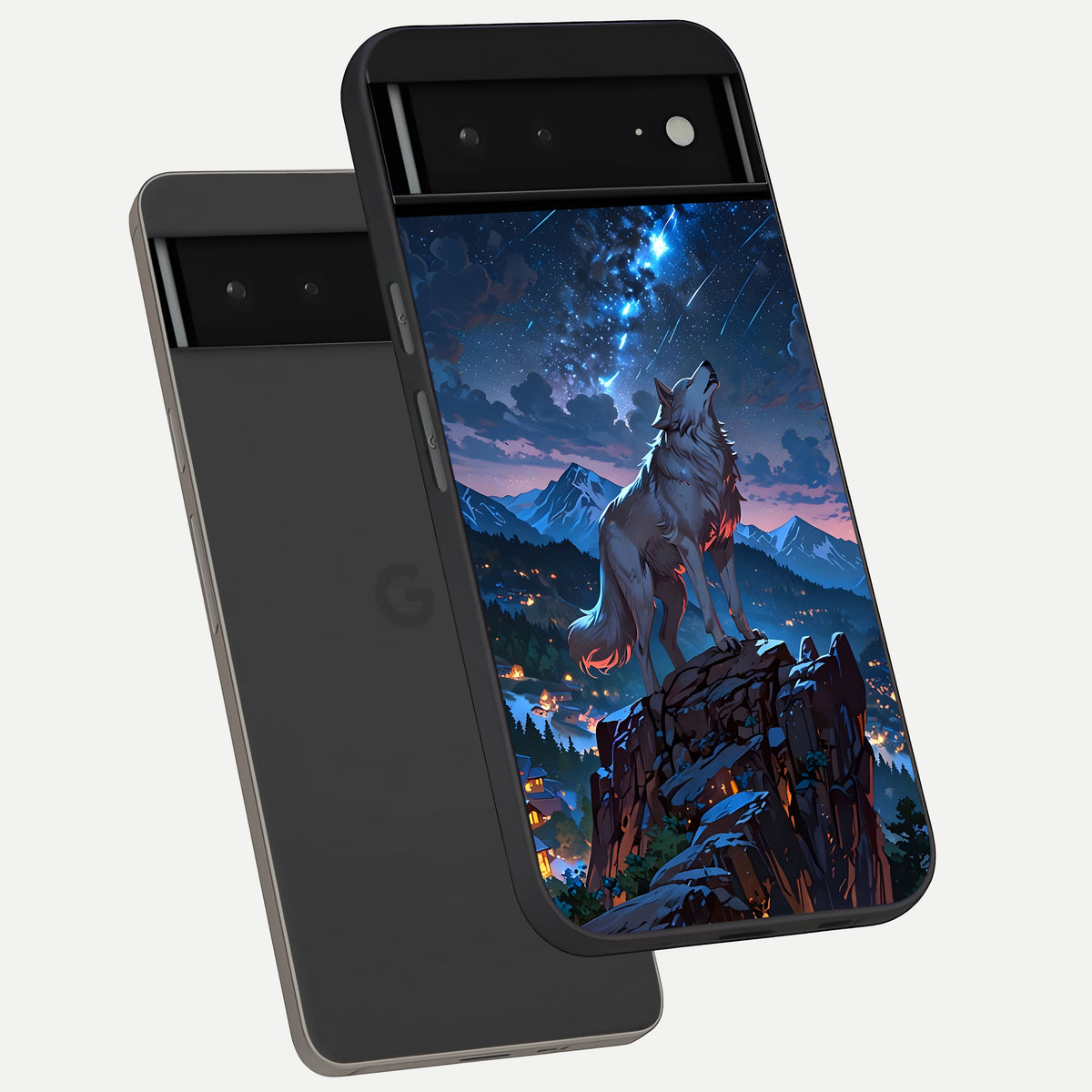  Celestial Wolf Howl phone case For Google Pixel 6A showing premium glass back cover with detailed artwork