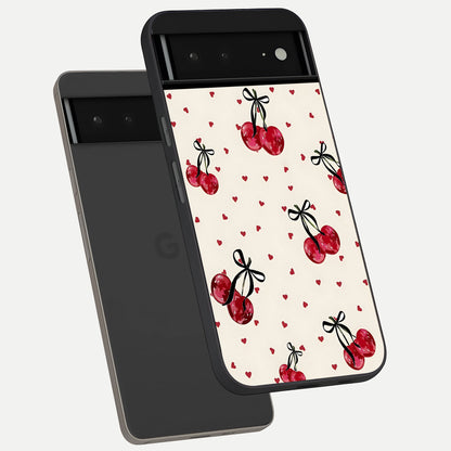 Cherry Heart Bow phone case For Google Pixel 6A showing premium glass back cover with detailed artwork