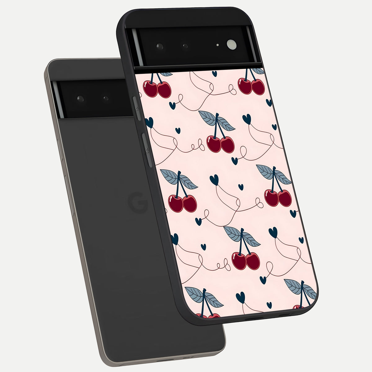  Cherry Heart Line phone case For Google Pixel 6A showing premium glass back cover with detailed artwork