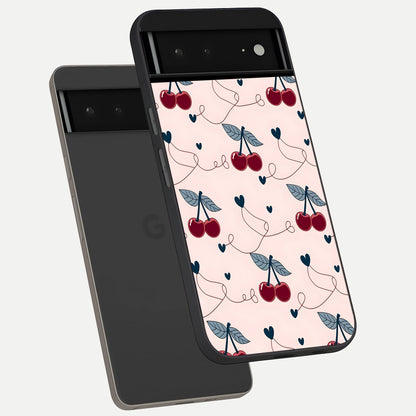  Cherry Heart Line phone case For Google Pixel 6A showing premium glass back cover with detailed artwork