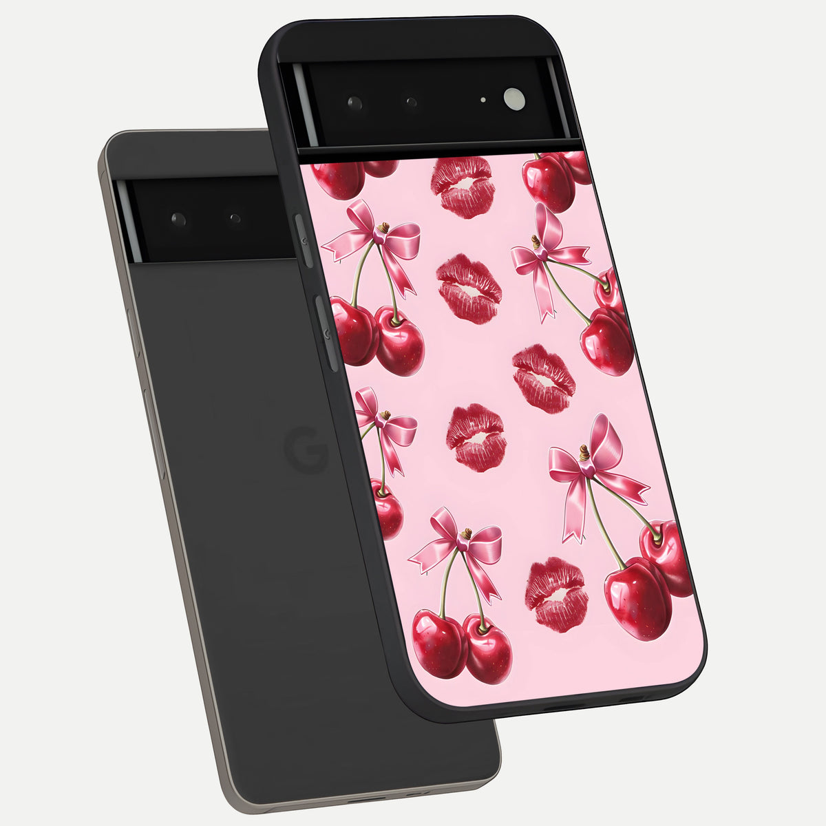  Cherry With Lips phone case For Google Pixel 6A showing premium glass back cover with detailed artwork