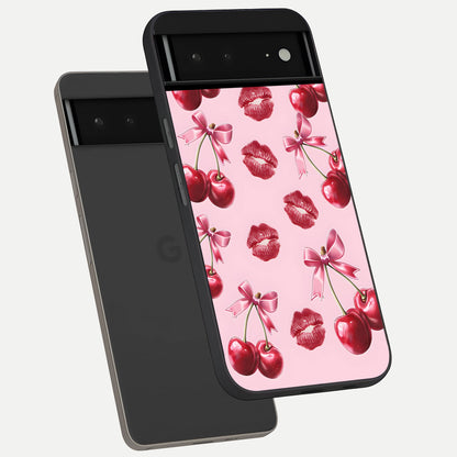  Cherry With Lips phone case For Google Pixel 6A showing premium glass back cover with detailed artwork