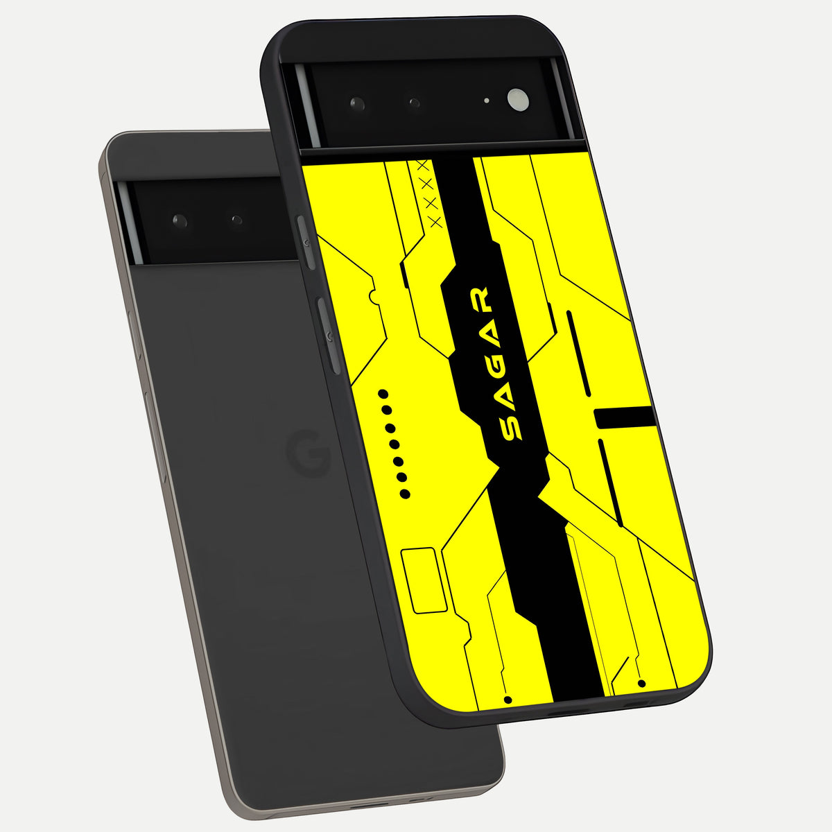  Circuit CYBERPUNK Custom Name phone case For Google Pixel 6A showing premium glass back cover with detailed artwork