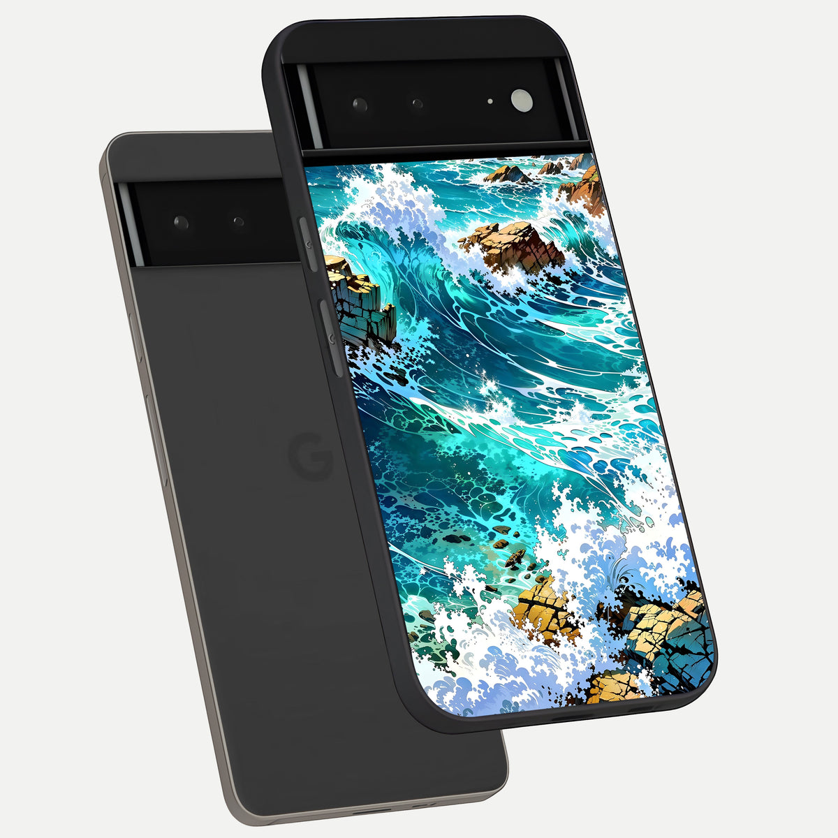  Coastal Blue Waves phone case For Google Pixel 6A showing premium glass back cover with detailed artwork