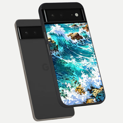  Coastal Blue Waves phone case For Google Pixel 6A showing premium glass back cover with detailed artwork