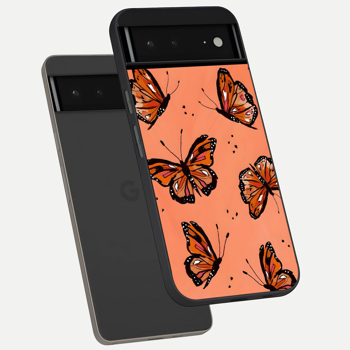  Coral Wing Butterfly phone case For Google Pixel 6A showing premium glass back cover with detailed artwork