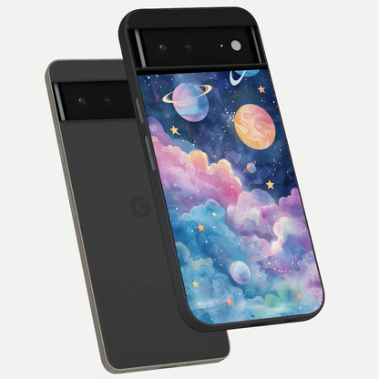  Cosmic Planet Dreams phone case For Google Pixel 6A showing premium glass back cover with detailed artwork