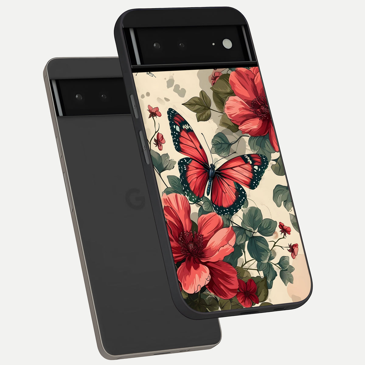  Crimson Butterfly Garden phone case For Google Pixel 6A showing premium glass back cover with detailed artwork