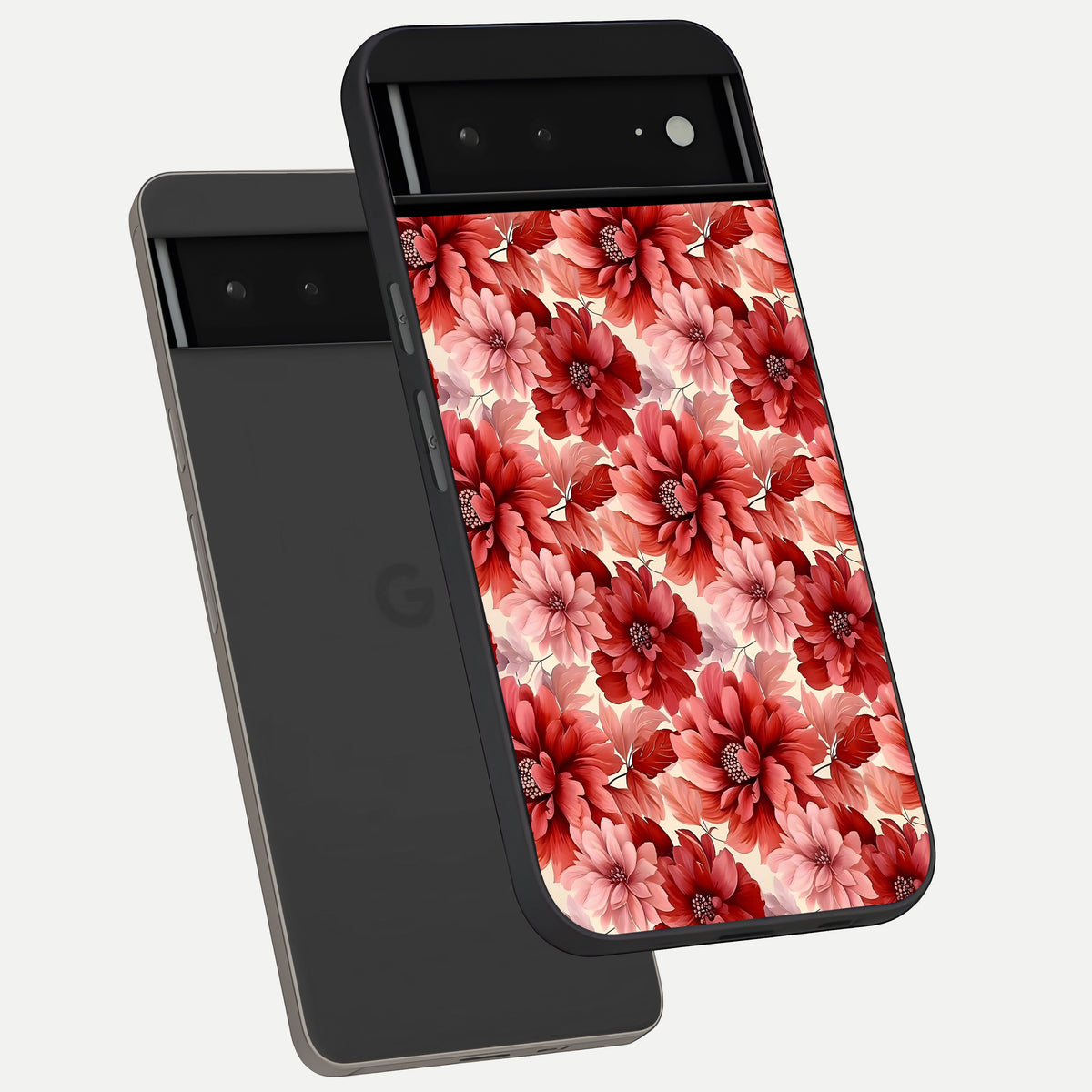  Crimson Love Petals phone case For Google Pixel 6A showing premium glass back cover with detailed artwork