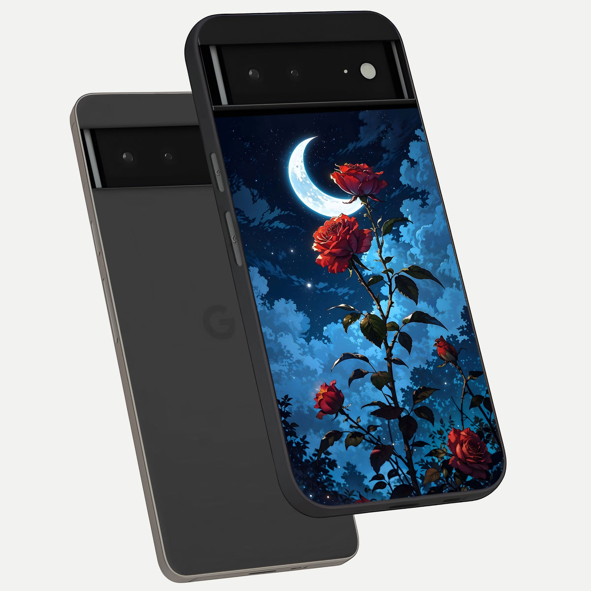  Crimson Rose Moon phone case For Google Pixel 6A showing premium glass back cover with detailed artwork