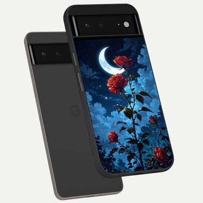  Crimson Rose Moon phone case For Google Pixel 6A showing premium glass back cover with detailed artwork