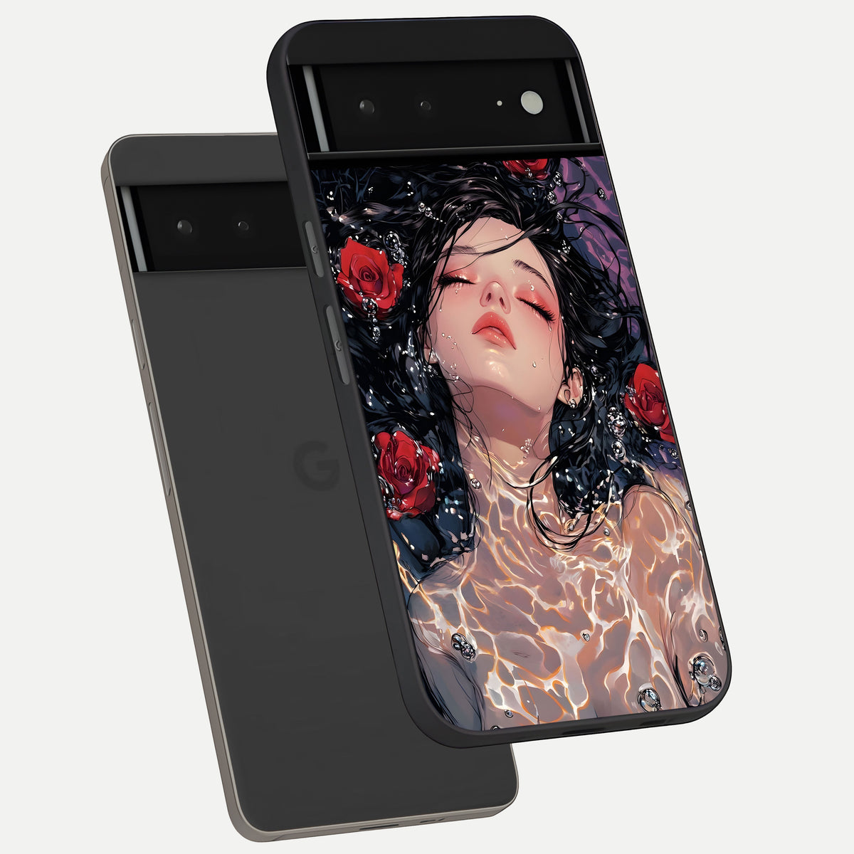  Crimson Rose Serenity phone case For Google Pixel 6A showing premium glass back cover with detailed artwork