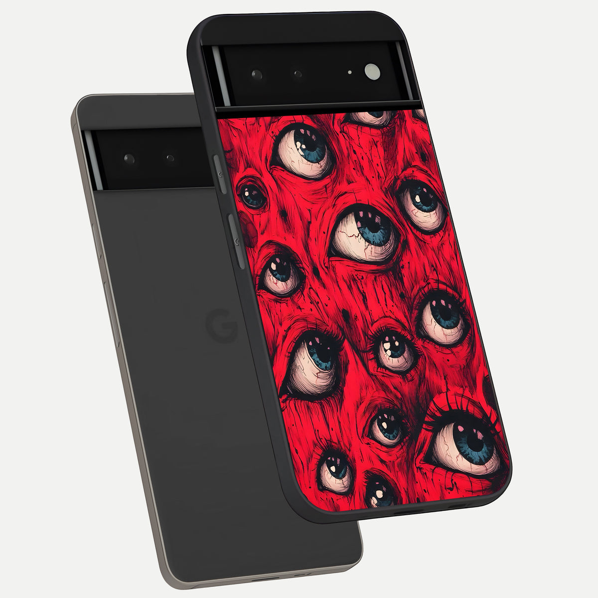  Crimson Watch Eyes phone case For Google Pixel 6A showing premium glass back cover with detailed artwork