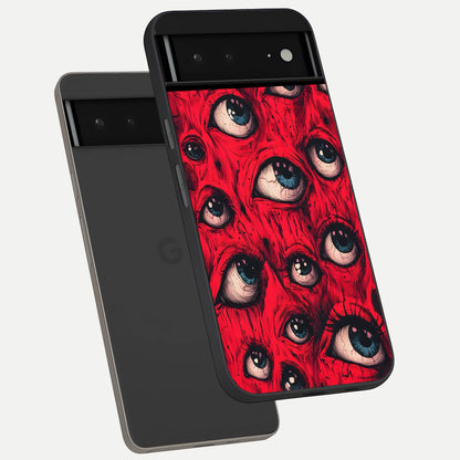  Crimson Watch Eyes phone case For Google Pixel 6A showing premium glass back cover with detailed artwork