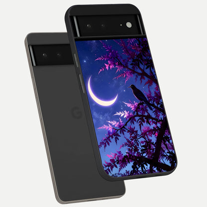  Crow And Moon Scenery phone case For Google Pixel 6A showing premium glass back cover with detailed artwork