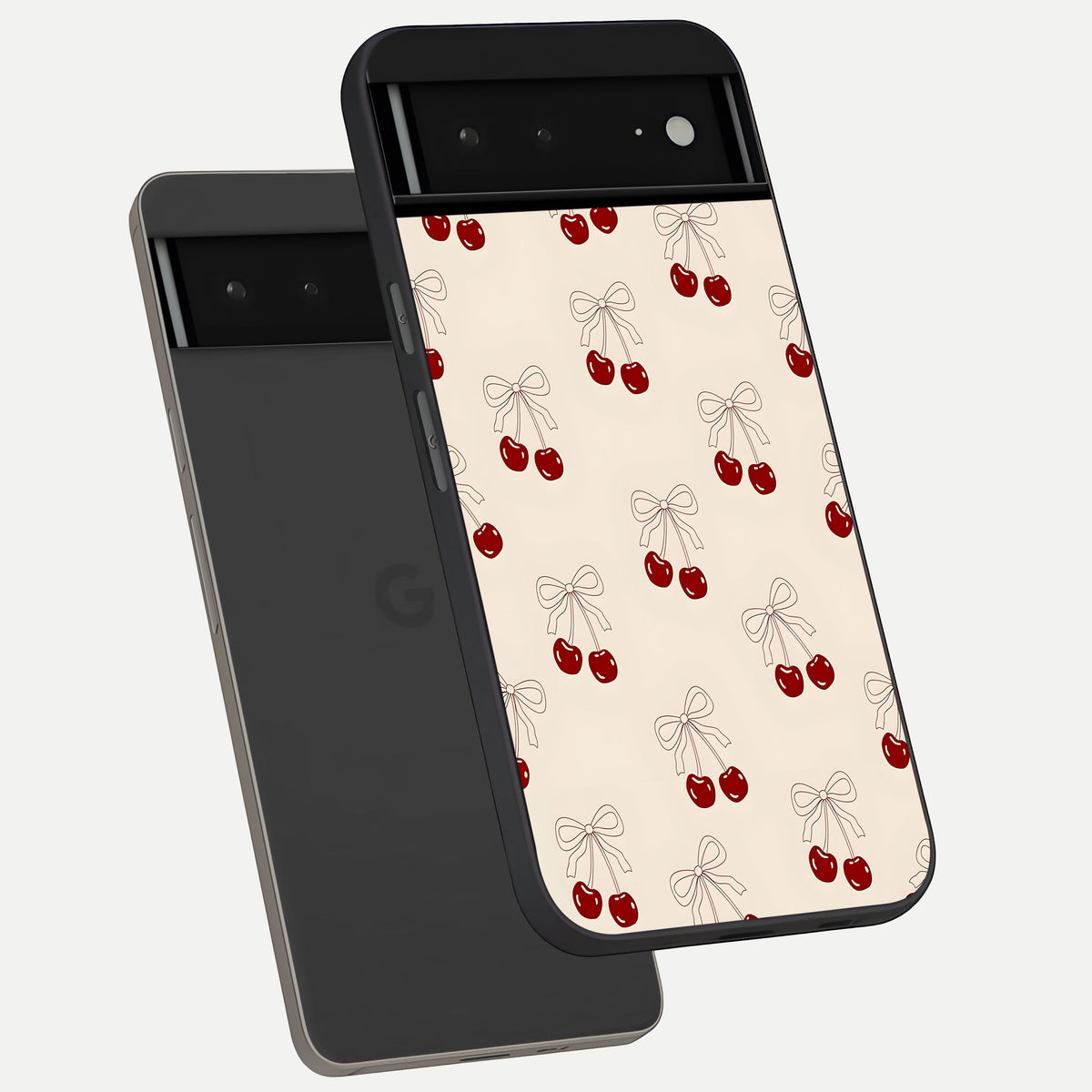  Cute Cherry Pattern phone case For Google Pixel 6A showing premium glass back cover with detailed artwork