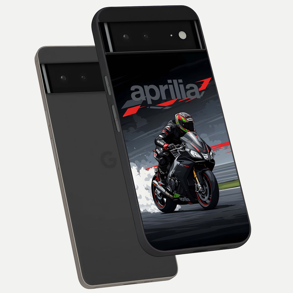  Dark Aprilla phone case For Google Pixel 6A showing premium glass back cover with detailed artwork