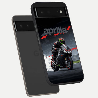  Dark Aprilla phone case For Google Pixel 6A showing premium glass back cover with detailed artwork