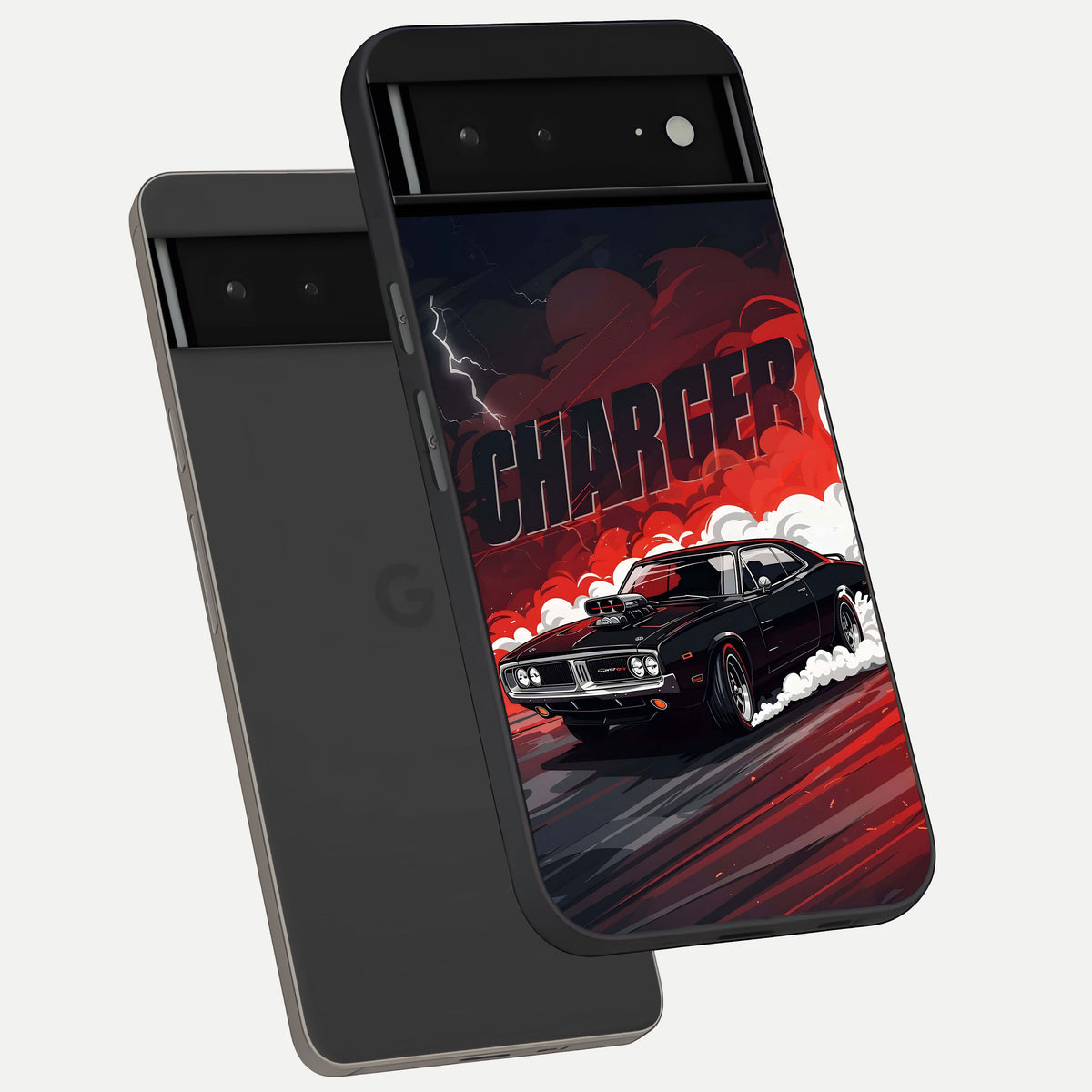  Dark Charger Fury phone case For Google Pixel 6A showing premium glass back cover with detailed artwork