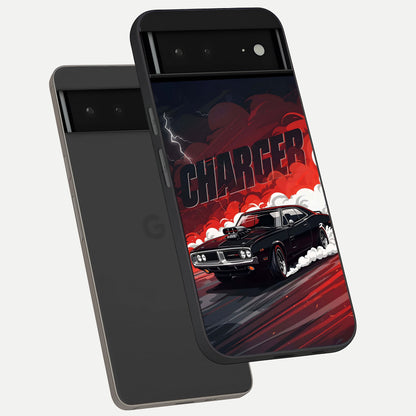  Dark Charger Fury phone case For Google Pixel 6A showing premium glass back cover with detailed artwork