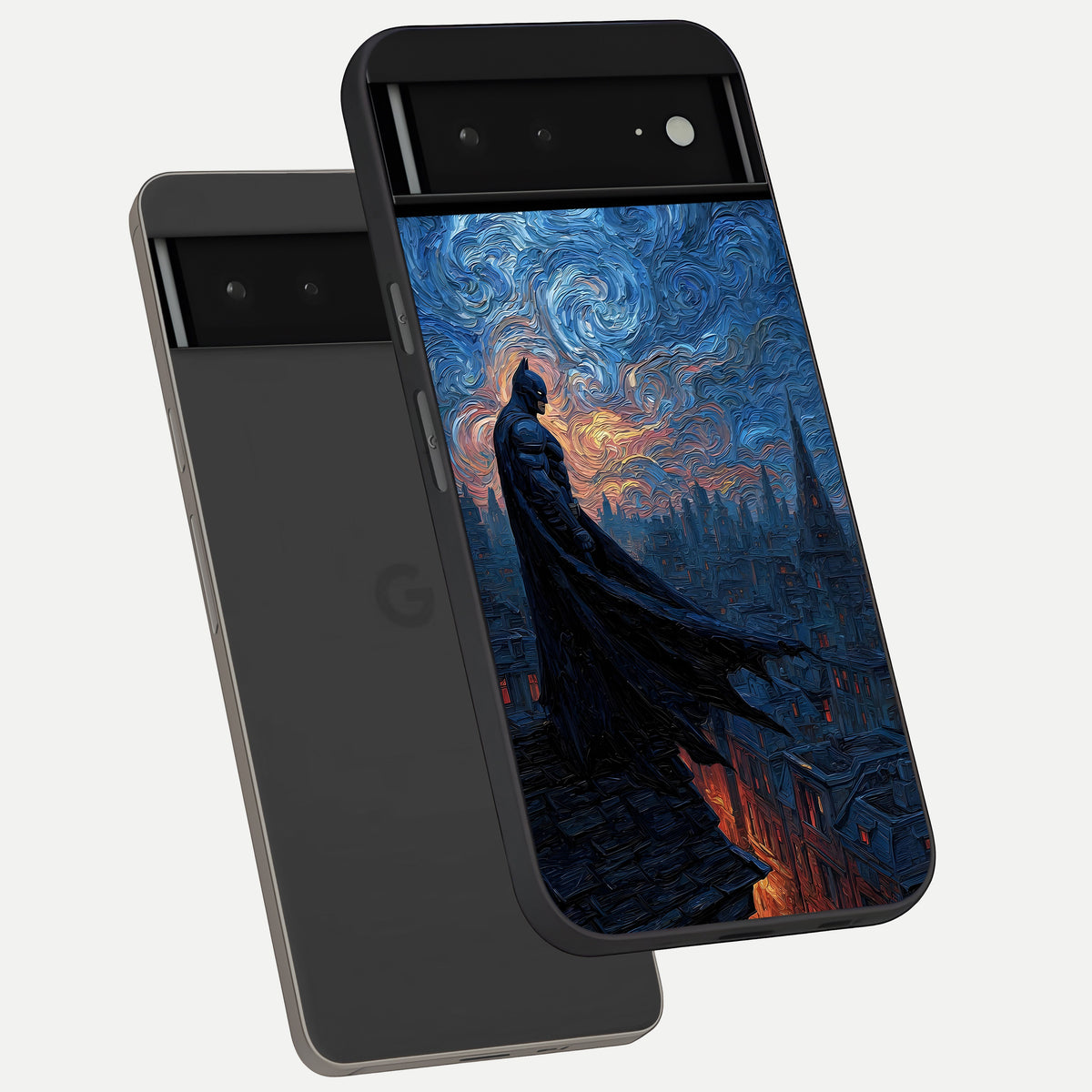  Dark Knight Dusk phone case For Google Pixel 6A showing premium glass back cover with detailed artwork