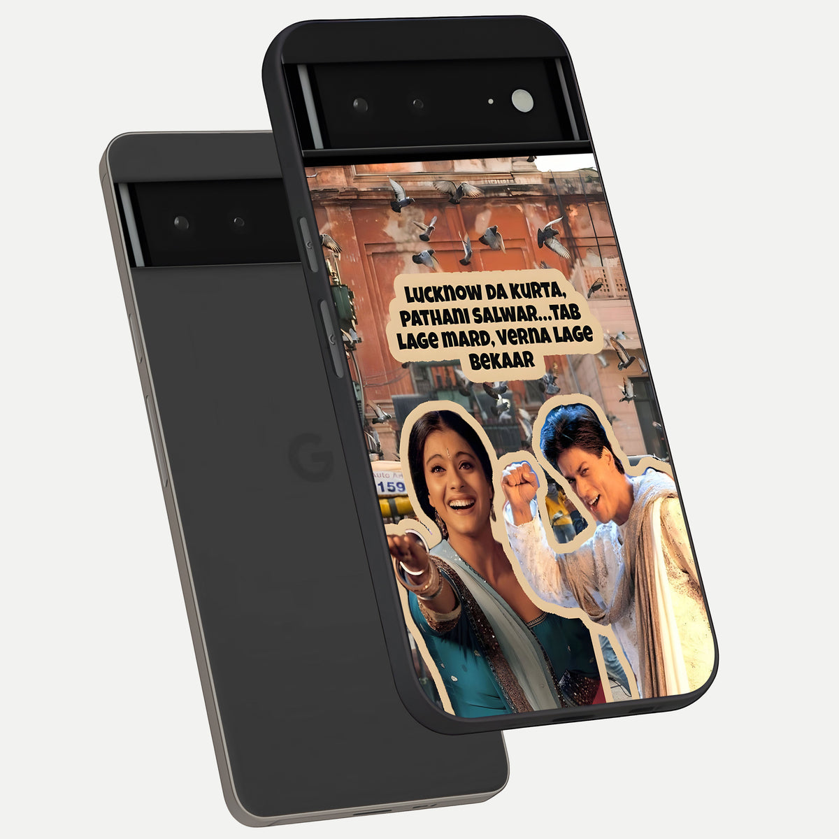  Desi Retro Vibes phone case For Google Pixel 6A showing premium glass back cover with detailed artwork