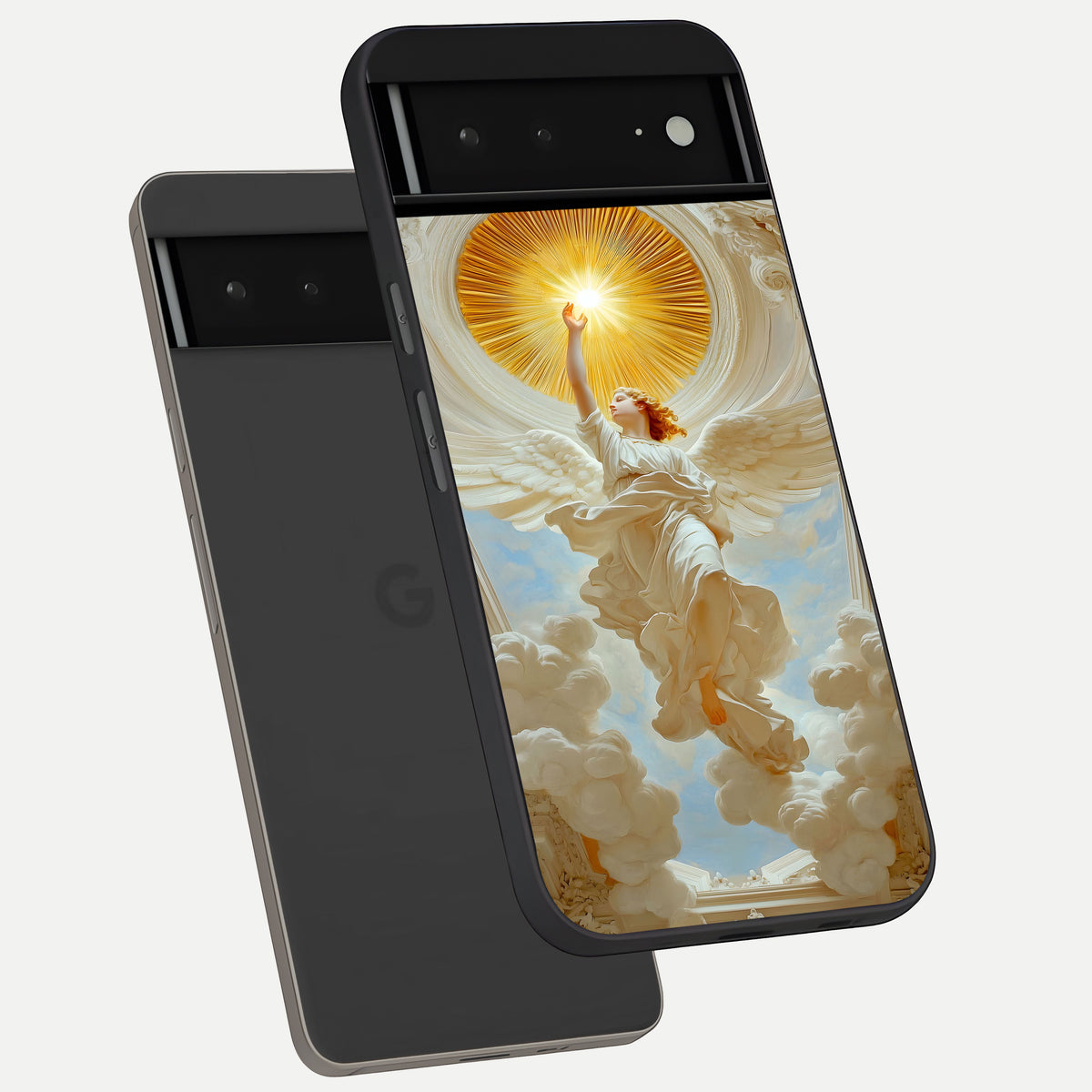 Divine Light Angel phone case For Google Pixel 6A showing premium glass back cover with detailed artwork