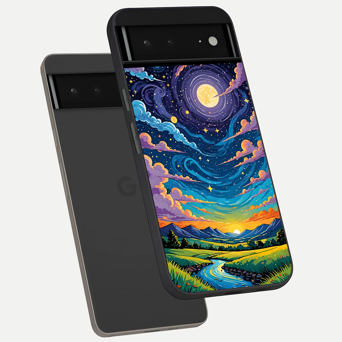  Dreamy Night Landscape phone case For Google Pixel 6A showing premium glass back cover with detailed artwork