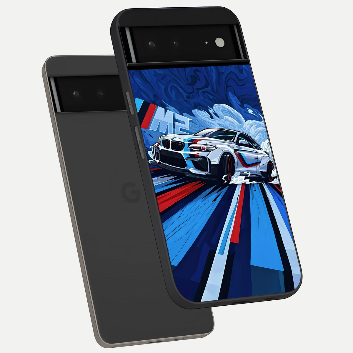  Drift Power Rush phone case For Google Pixel 6A showing premium glass back cover with detailed artwork