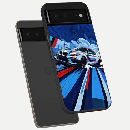  Drift Power Rush phone case For Google Pixel 6A showing premium glass back cover with detailed artwork