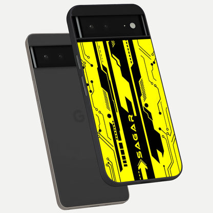 Electric Pulse CYBERPUNK Custom Name phone case For Google Pixel 6A showing premium glass back cover with detailed artwork