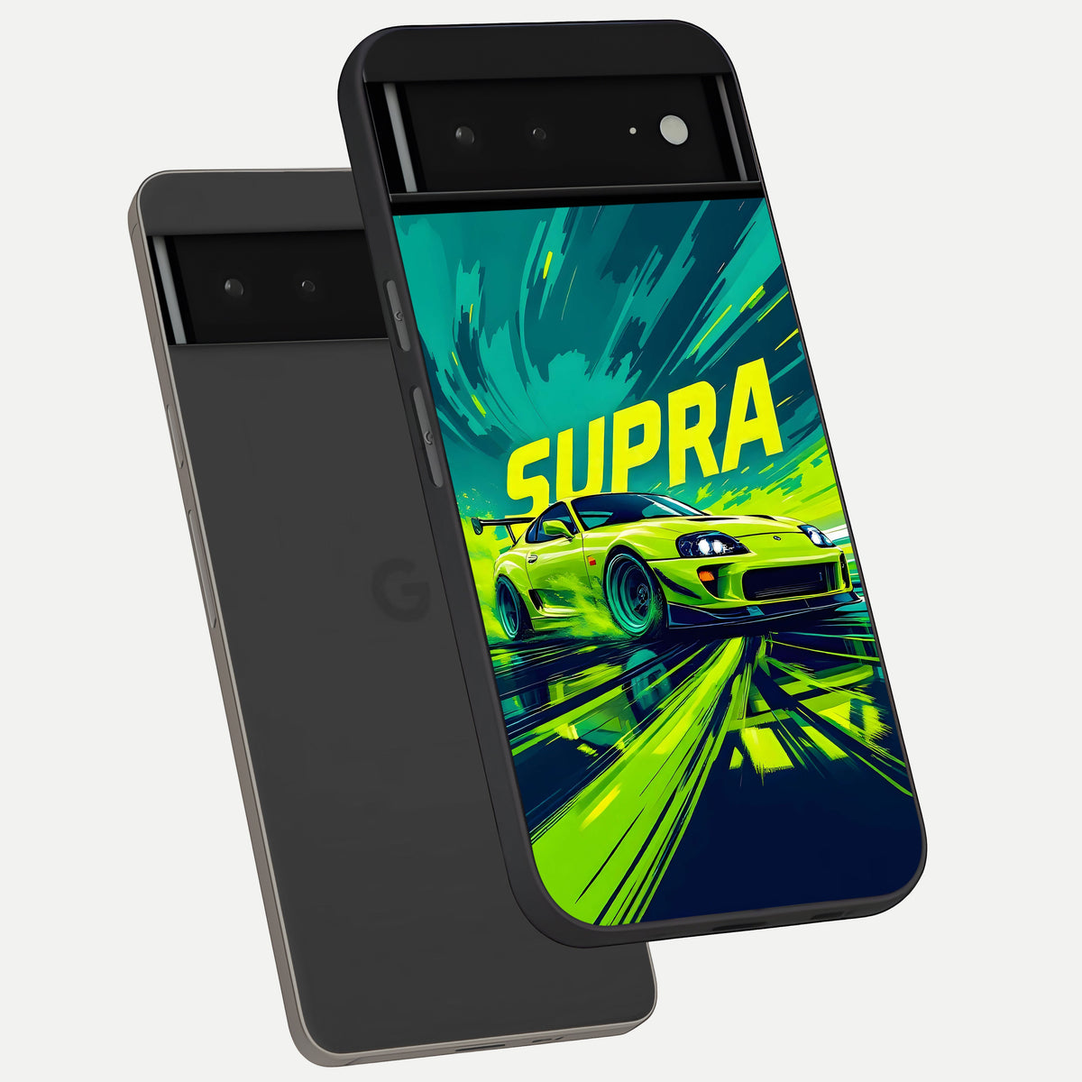  Electric Supra Thunder phone case For Google Pixel 6A showing premium glass back cover with detailed artwork