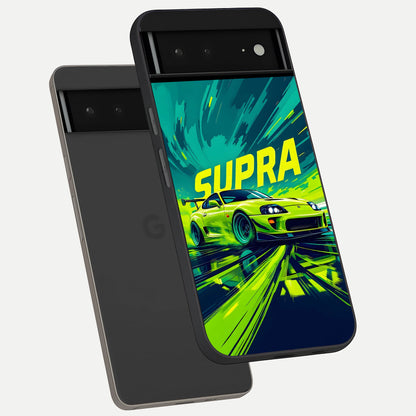 Electric Supra Thunder phone case For Google Pixel 6A showing premium glass back cover with detailed artwork