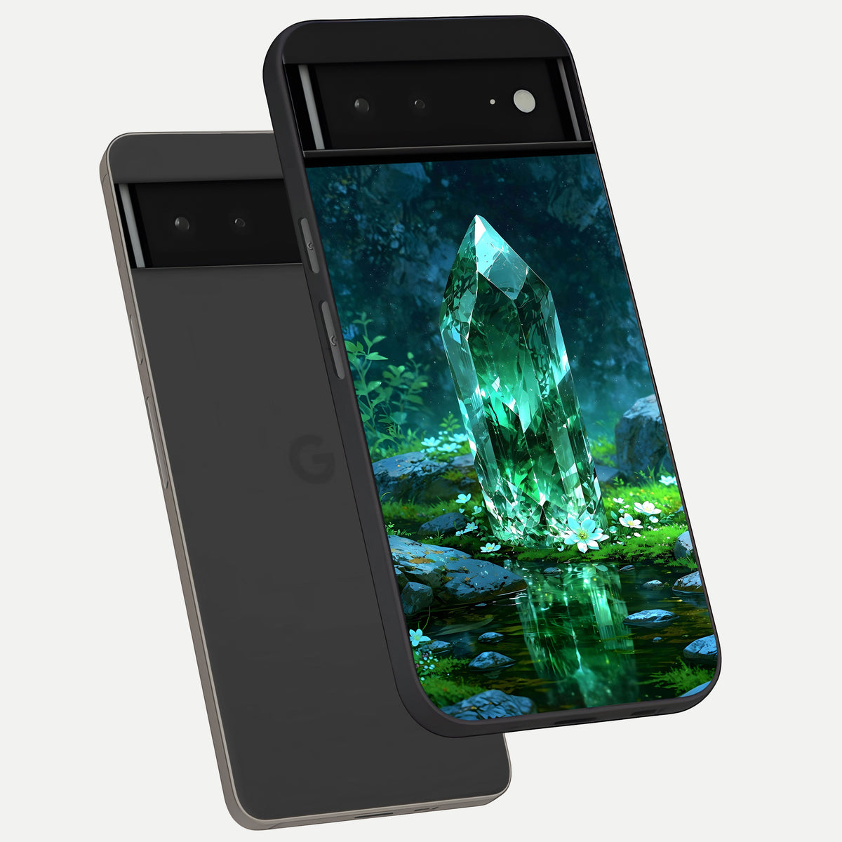  Emerald Light Crystal phone case For Google Pixel 6A showing premium glass back cover with detailed artwork