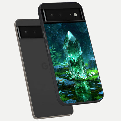  Emerald Light Crystal phone case For Google Pixel 6A showing premium glass back cover with detailed artwork