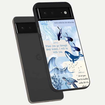  Faithful Ocean Promise phone case For Google Pixel 6A showing premium glass back cover with detailed artwork