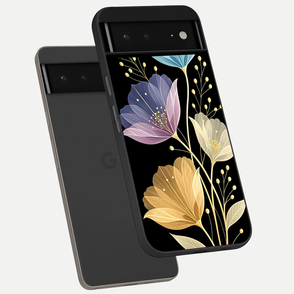  Flower Bloom Glow phone case For Google Pixel 6A showing premium glass back cover with detailed artwork