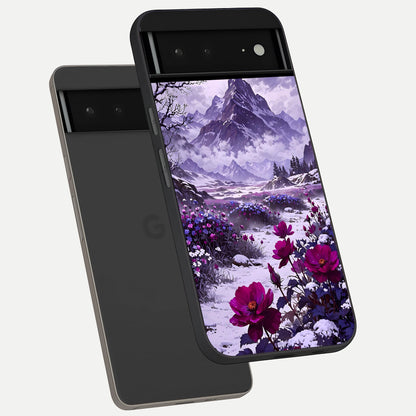  Flower Mountain View phone case For Google Pixel 6A showing premium glass back cover with detailed artwork