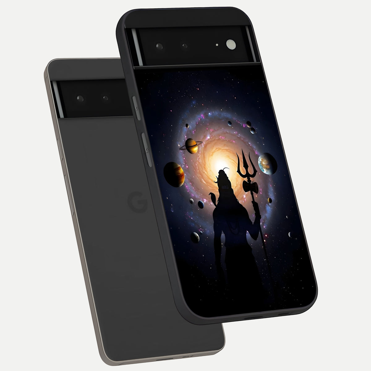  Galactic Shiva Vision phone case For Google Pixel 6A showing premium glass back cover with detailed artwork