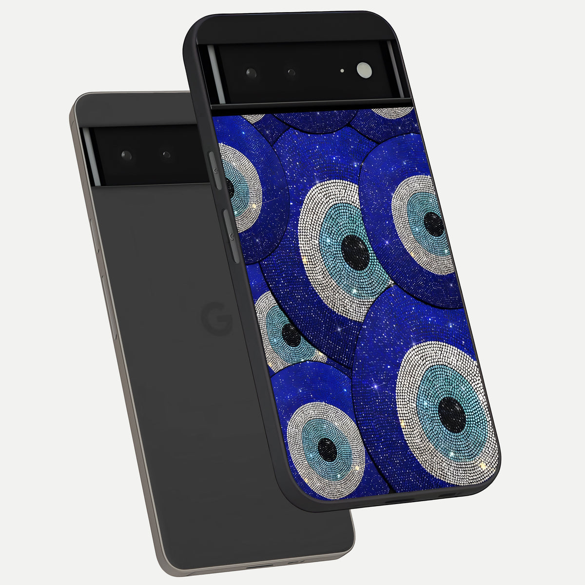  Galaxy Eye Flow phone case For Google Pixel 6A showing premium glass back cover with detailed artwork