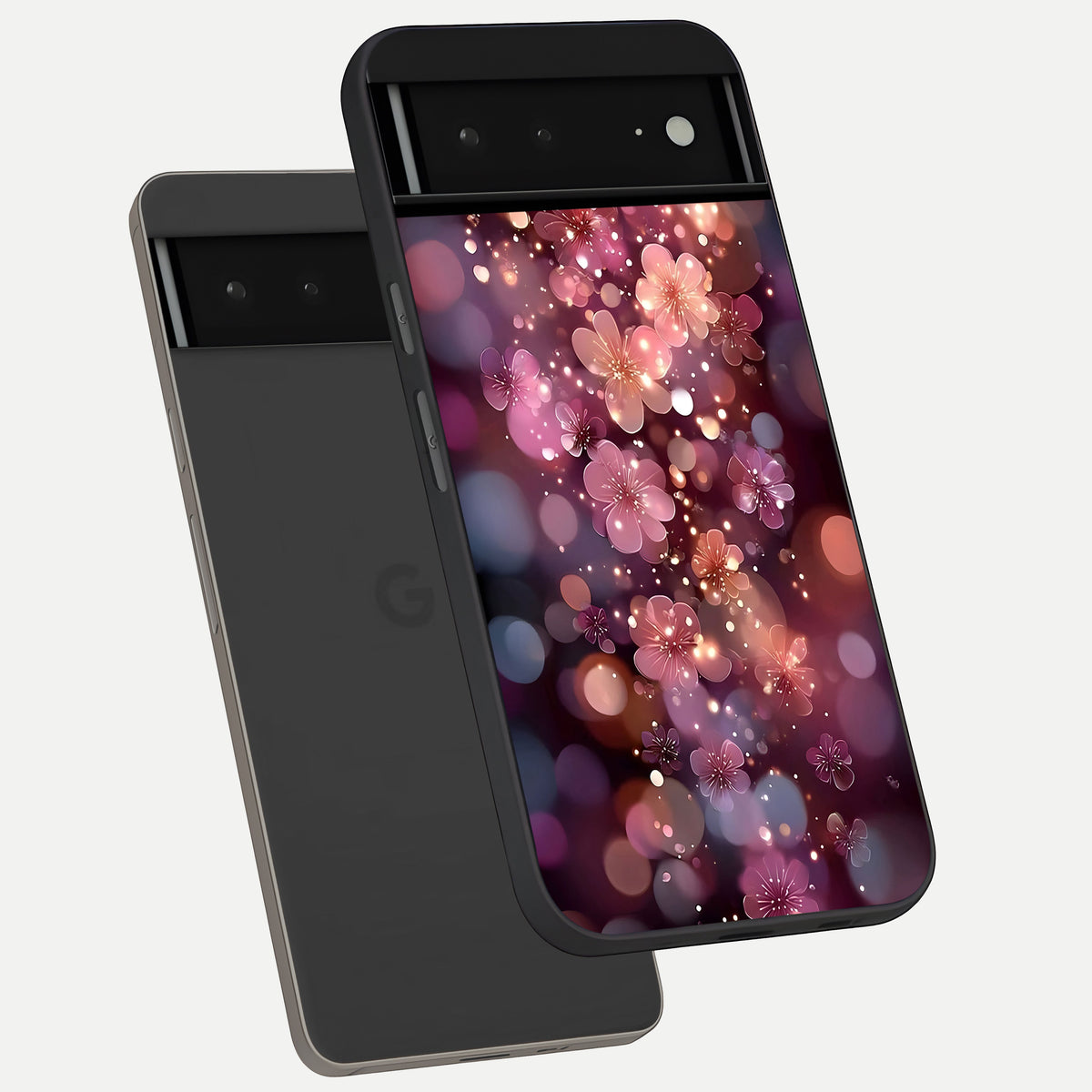 Glowing Petal Bliss phone case For Google Pixel 6A showing premium glass back cover with detailed artwork