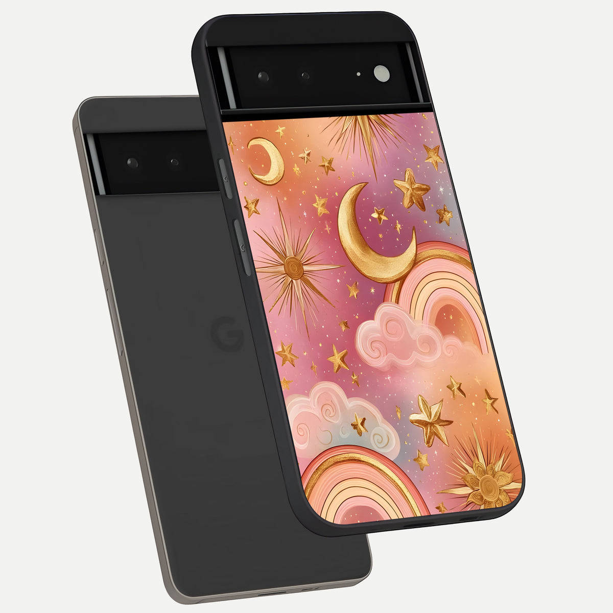  Golden Celestial Dreams phone case For Google Pixel 6A showing premium glass back cover with detailed artwork