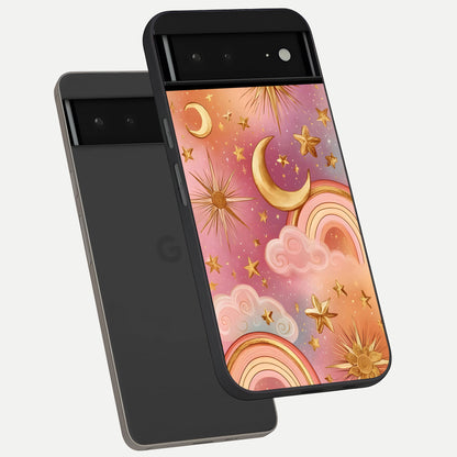  Golden Celestial Dreams phone case For Google Pixel 6A showing premium glass back cover with detailed artwork